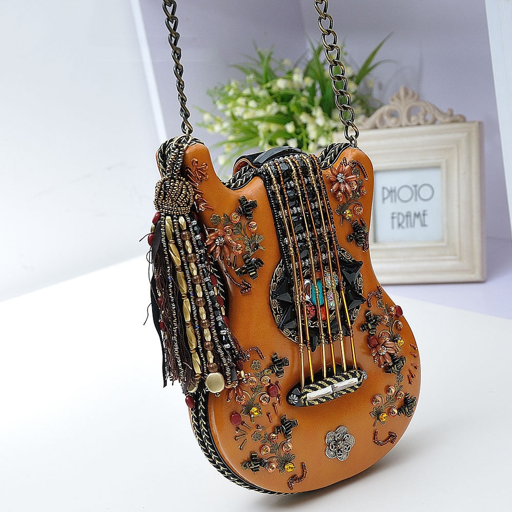 Guitar Replica Style Beaded Tassel Shoulder Crossbody Bag