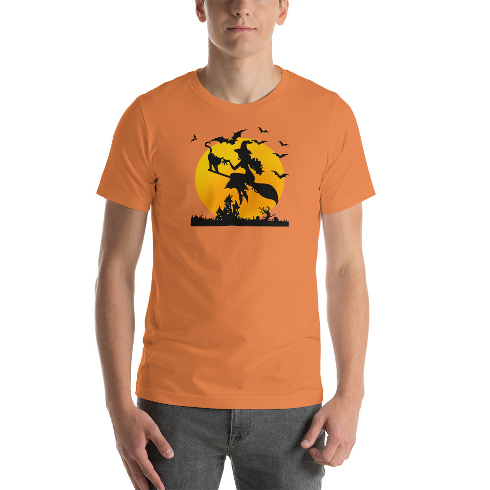 Soaring High Witch and Cat Halloween Trick or Treat Short-Sleeve Unisex T-Shirt