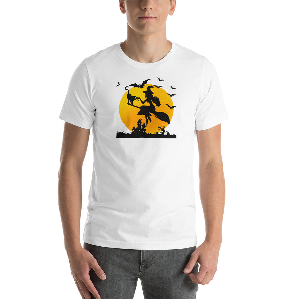 Soaring High Witch and Cat Halloween Trick or Treat Short-Sleeve Unisex T-Shirt